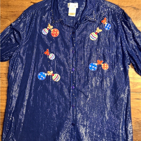 Bobbie Brooks • 18W/20W • Blue • Silver Metallic • Christmas Ornaments • Blouse - Picture 6 of 10
